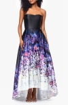 Betsy & Adam Ombré Floral Strapless High Low Ball Gown