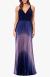 BETSY & ADAM OMBRÉ PLEATED SLEEVELESS GOWN