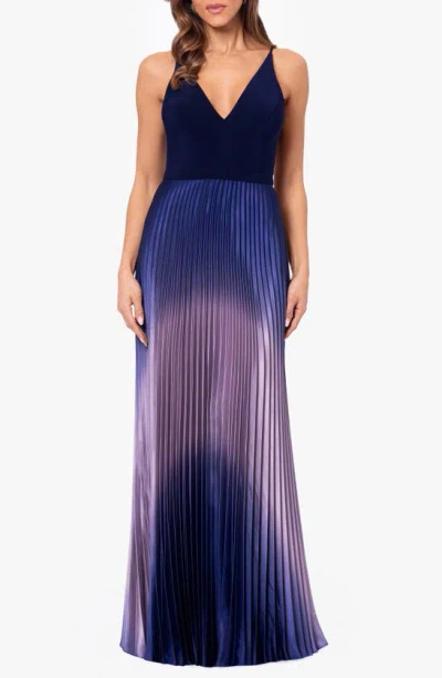 Betsy & Adam Ombré Pleated Sleeveless Gown In Navy,mauve