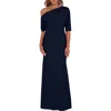 Betsy & Adam One-shoulder Crepe Scuba Trumpet Gown In Blue