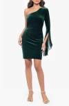 Betsy & Adam One-shoulder Fringed Velvet Sheath Dress In Green