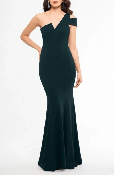 Betsy & Adam One-shoulder Scuba Crepe Gown In Pine