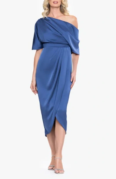 Betsy & Adam One-shoulder Satin Cocktail Tulip Dress In Blue