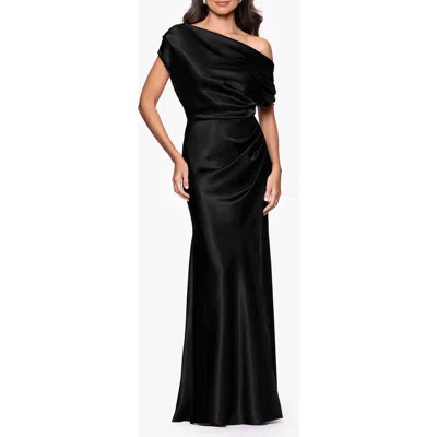 Betsy & Adam One-shoulder Satin Gown In Black