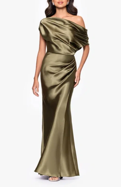 Betsy & Adam One-shoulder Satin Sheath Gown In Green