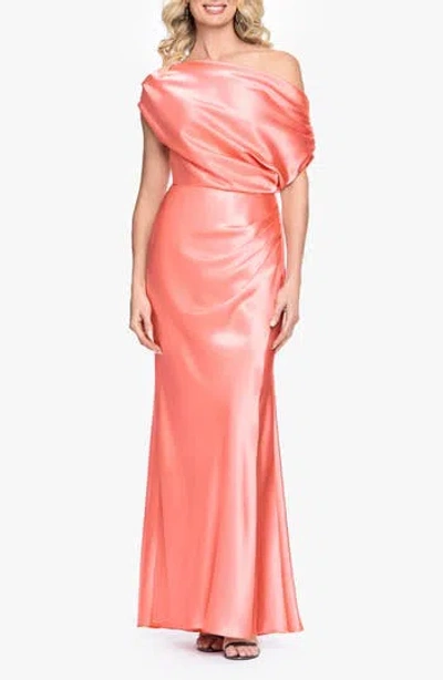 Betsy & Adam One-shoulder Satin Sheath Gown In Pink
