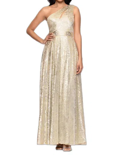 Betsy & Adam One-shoulder Wrap Foil Floral Gown In Champagne Gold In Multi
