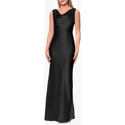 Betsy & Adam Open Back Satin Charmeuse Gown In Black