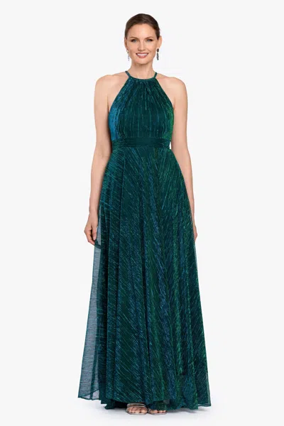 Betsy & Adam "ophelia" Metallic Knit Pleated Long Dress In Green