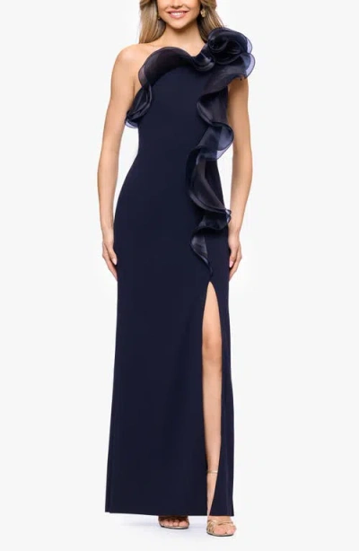 Betsy & Adam Organza Ruffle One-shoulder Scuba Crepe Gown In Blue
