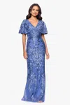 Betsy & Adam "paisley" Sequin Mesh Flutter Sleeve V-neck Floor Length Dress In Purple