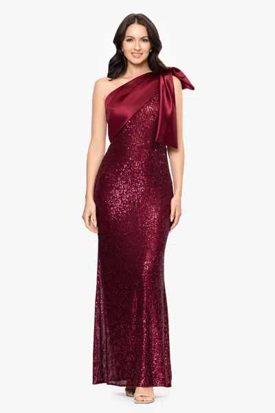Betsy & Adam "paulette" Long Sequin One Shoulder With Satin Bow Floor Length Dress In Burgundy