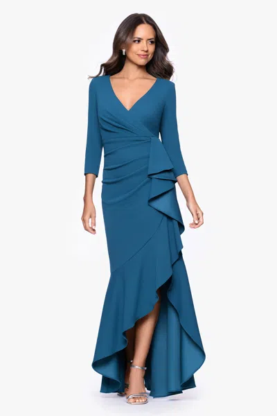 Betsy & Adam "pauline" Scuba Crepe 3/4 Sleeve Ruffle Floor Length Dress In Blue