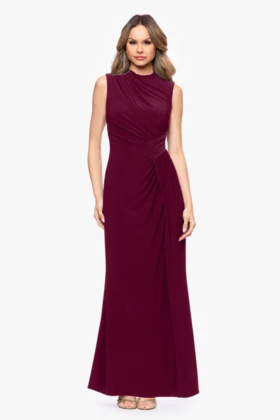 Betsy & Adam "perry" Jersey Knit Rouched Floor Length Dress In Burgundy