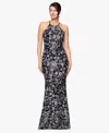 Betsy & Adam Petite "denise" Sequin Flower Pattern Floor Length Dress In Black