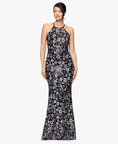 Betsy & Adam Petite All-over Sequin Flower Halter Neck Long Dress In Black