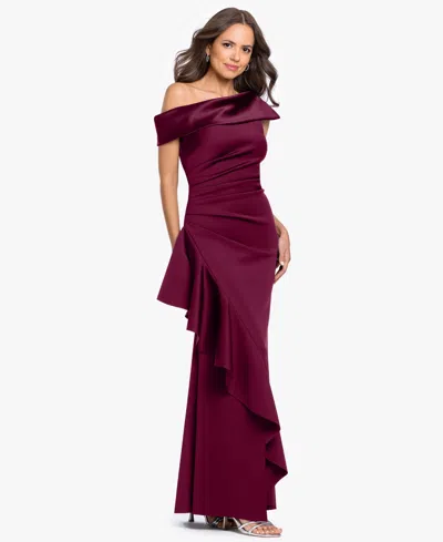 Betsy & Adam Petite Asymmetrical One-shoulder Ruffle Gown Dress In Burgundy