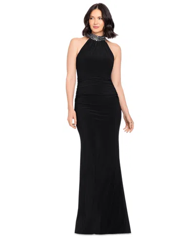 Betsy & Adam Petite Beaded Mock Neck Sleeveless Gown In Black
