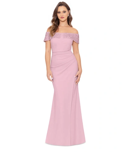 Betsy & Adam Petite Beaded Off-the-shoulder Gown In Rose