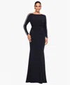 Betsy & Adam Petite "ria" Jersey Knit Beaded Long Sleeve Floor Length Dress In Black