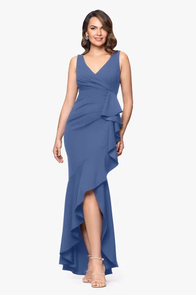 Betsy & Adam Petite "candace" Long V- Neck Hi Low Cascade Dress In Blue