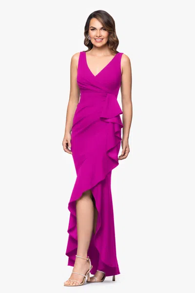 Betsy & Adam Petite "candace" Long V- Neck Hi Low Cascade Dress In Pink