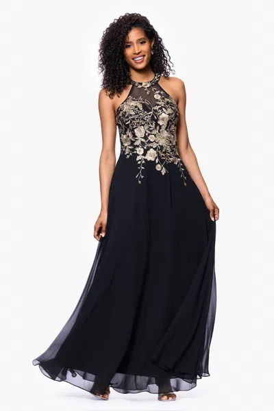 Betsy & Adam Petite Sleeveless Floral-applique Illusion Gown In Blue
