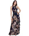 Betsy & Adam Women's Floral-print Ruffled Chiffon Gown In Navy,antique
