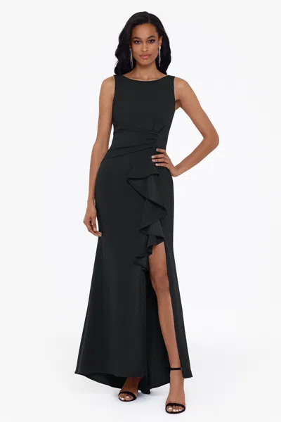 Betsy & Adam Petite "christine" Scuba Crepe Ruffled Bow Gown In Black