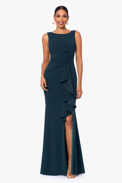 Betsy & Adam Petite "christine" Scuba Crepe Ruffled Bow Gown In Black