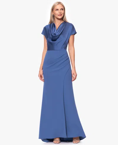 Betsy & Adam Petite Cowl Neck Long Ball Gown In Blue