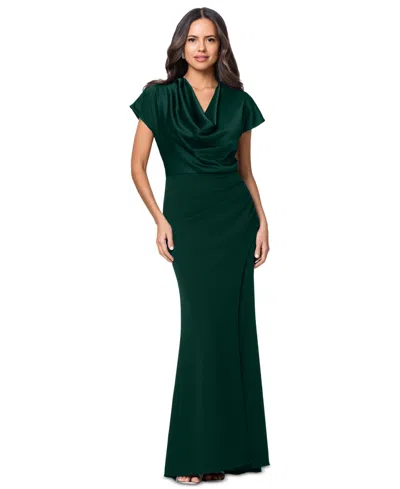 Betsy & Adam Petite Cowl Neck Long Ball Gown In Green