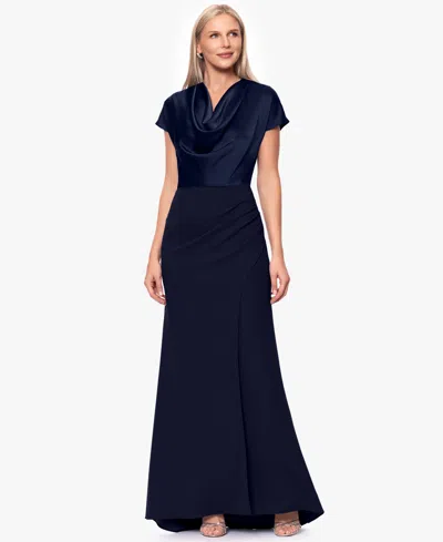 Betsy & Adam Petite Cowl Neck Long Ball Gown In Blue