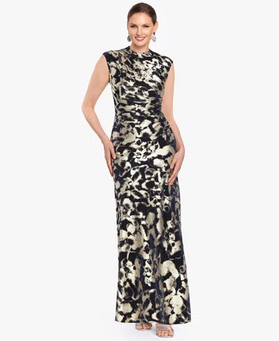 Betsy & Adam Petite Crinkle Detail Gown In Navy Gold