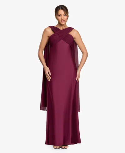 Betsy & Adam Petite Criss Cross Halter Neck Chiffon Cape Ball Gown In Burgundy