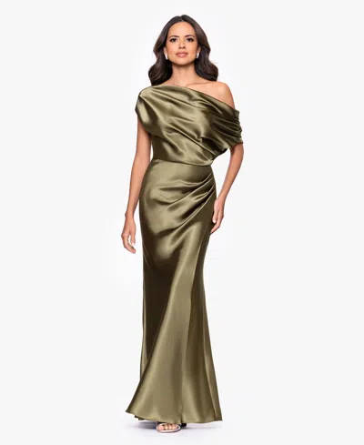 Betsy & Adam Petite Draped Asymmetrical Neck Ball Gown In Green