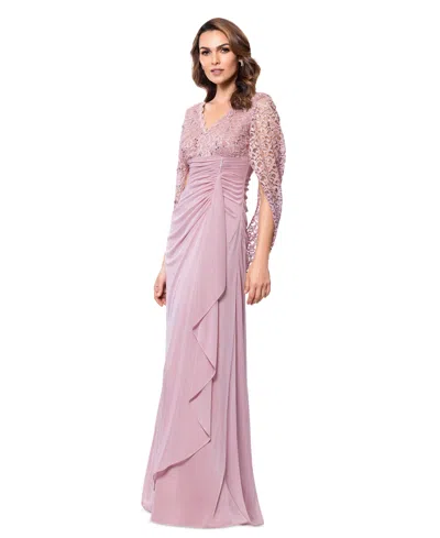 Betsy & Adam Petite Draped Lace Back Gown In Rose