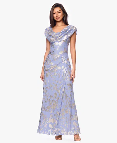 Betsy & Adam Petite Draped Neck Ball Gown In Blue