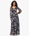 Betsy & Adam Petite "elisabeth" Foil Print V-neck Long Sleeve Floor Length Dress In Blue