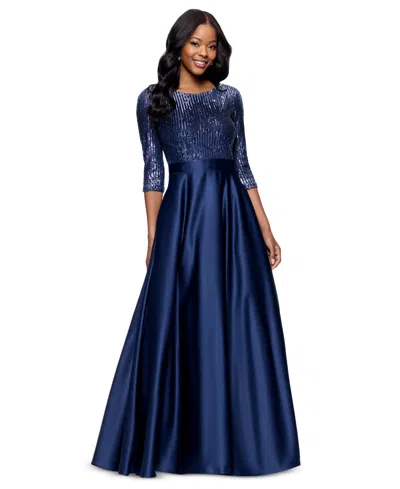 Betsy & Adam Petite Embellished Satin Gown In Blue