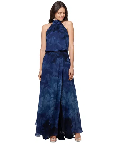 Betsy & Adam Petite Floral-chiffon Halter-neck Gown In Navy