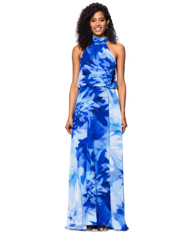 Betsy & Adam Petite Floral Print Halter Dress In Blue Multi