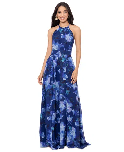 Betsy & Adam Petite Floral-print Halter Gown In Blue Multi