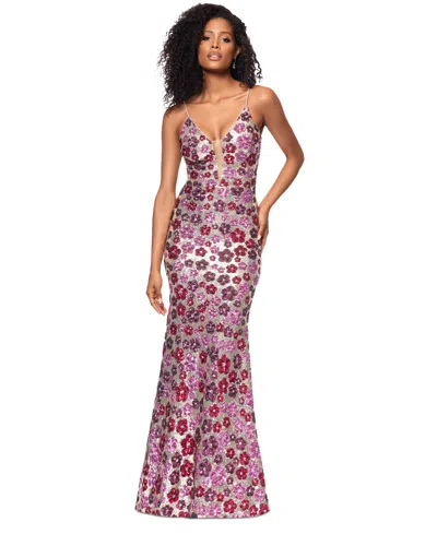 Betsy & Adam Petite Floral-sequin Mermaid Gown In Nude,fuschia