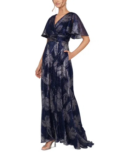 Betsy & Adam Petite Foil-print Flutter-sleeve Maxi Dress In Blue