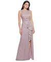 Betsy & Adam Glitter Cascading Ruffle Gown In White,pink,gold