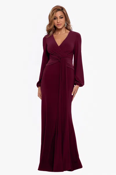 Betsy & Adam Petite "hadley" Floor Length Stretch Knit Gown In Burgundy