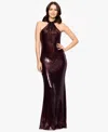 Betsy & Adam Petite "lita" Sequin Halter Knot Neck Floor Length Dress In Burgundy
