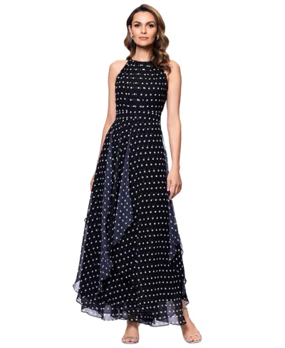 Betsy & Adam Petite Halter-neck Sleeveless A-line Gown In Black,white