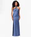 Betsy & Adam Petite "esmerelda" Satin Double Knotted Halter Neck Floor Length Dress In Blue